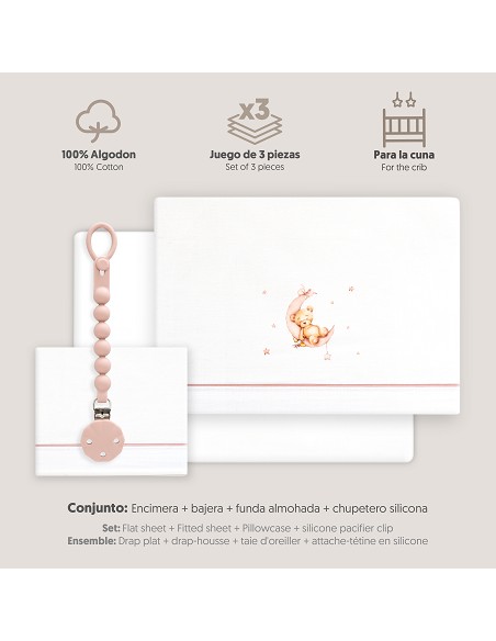 Triptico Cuna Estampado Oso Luna Estrellas + Broche Bco/Rosa