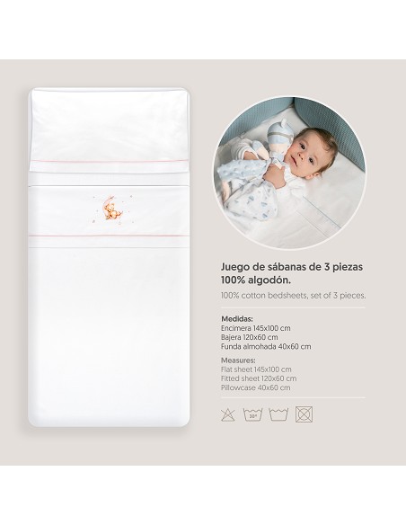 Triptico Cuna Estampado Oso Luna Estrellas + Broche Bco/Rosa