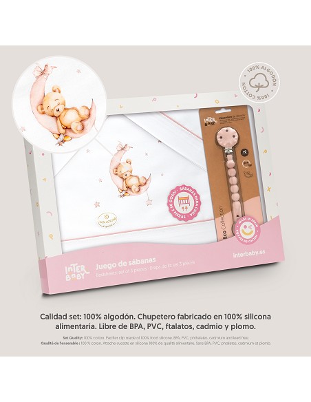 Triptico Cuna Estampado Oso Luna Estrellas + Broche Bco/Rosa