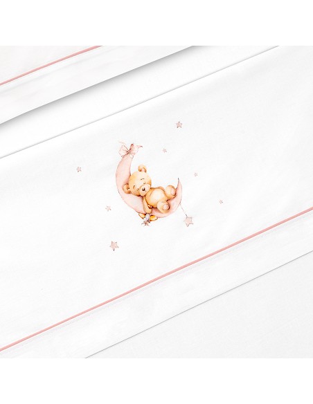 Triptico Cuna Estampado Oso Luna Estrellas + Broche Bco/Rosa