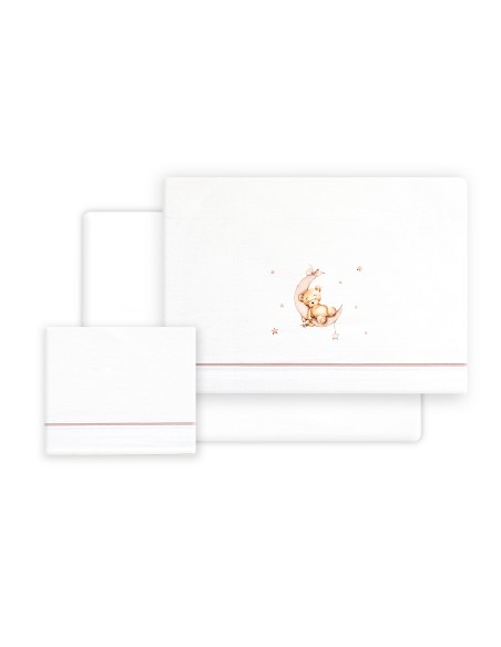 Triptico Cuna Estampado Oso Luna Estrellas + Broche Bco/Rosa