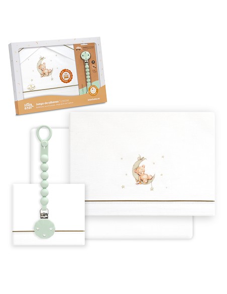 Triptico Cuna Estampado Oso Luna Estrellas + Broche Bco/Verde
