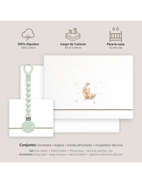 Triptico Cuna Estampado Oso Luna Estrellas + Broche Bco/Verde