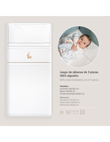 Triptico Cuna Estampado Oso Luna Estrellas + Broche Bco/Verde