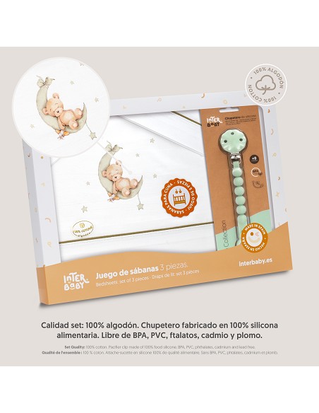 Triptico Cuna Estampado Oso Luna Estrellas + Broche Bco/Verde