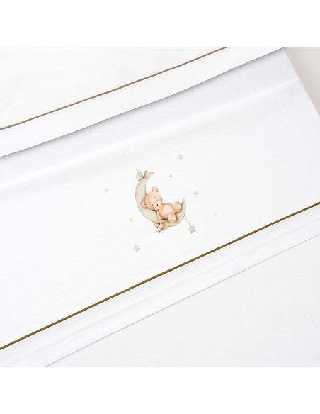 Triptico Cuna Estampado Oso Luna Estrellas + Broche Bco/Verde