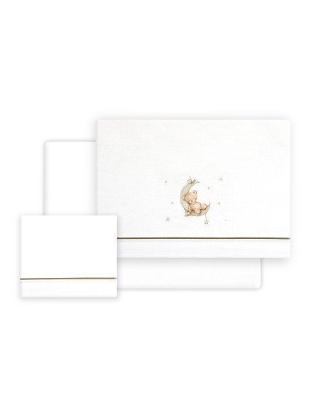 Triptico Cuna Estampado Oso Luna Estrellas + Broche Bco/Verde