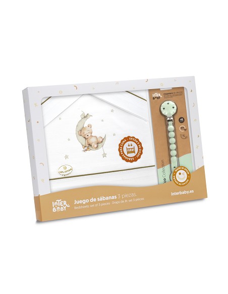Triptico Cuna Estampado Oso Luna Estrellas + Broche Bco/Verde