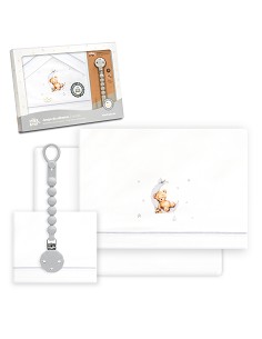 Triptico Cuna Estampado Oso Luna Estrellas + Broche Bco/Gris