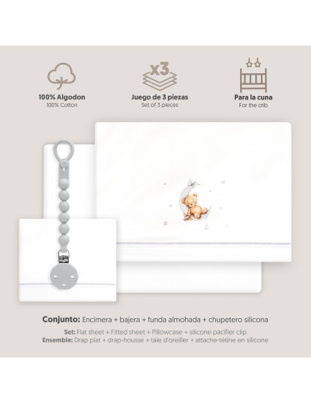 Triptico Cuna Estampado Oso Luna Estrellas + Broche Bco/Gris