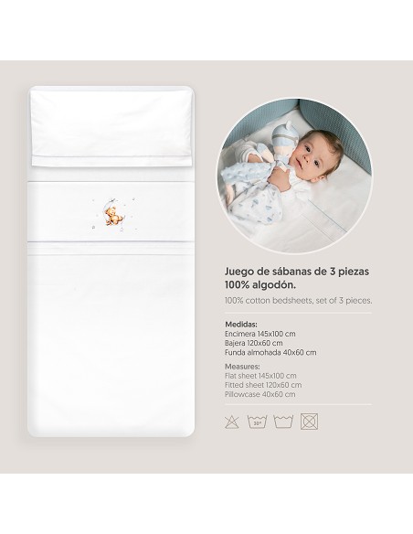 Triptico Cuna Estampado Oso Luna Estrellas + Broche Bco/Gris