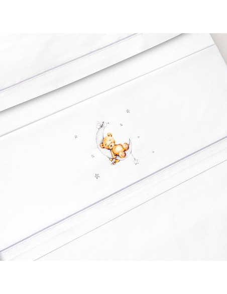 Triptico Cuna Estampado Oso Luna Estrellas + Broche Bco/Gris