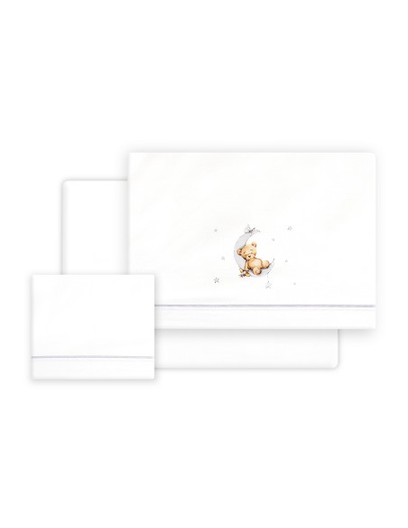 Triptico Cuna Estampado Oso Luna Estrellas + Broche Bco/Gris