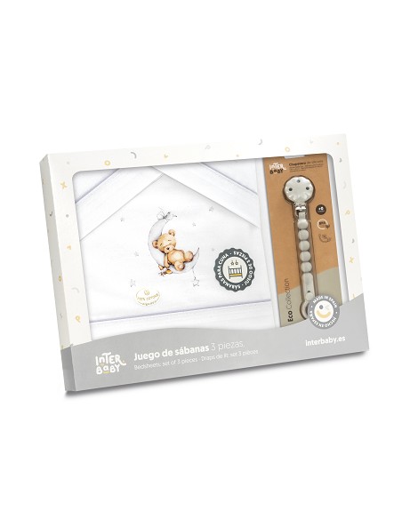 Triptico Cuna Estampado Oso Luna Estrellas + Broche Bco/Gris