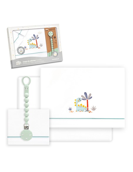 Triptico Cuna Estampado Dinosaurio Palmera + Broche Bco/Verde
