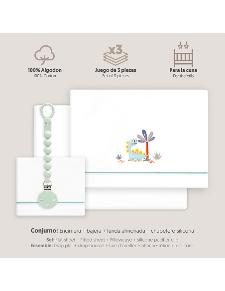 Triptico Cuna Estampado Dinosaurio Palmera + Broche Bco/Verde