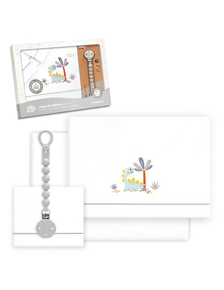 Triptico Cuna Estampado Dinosaurio Palmera + Broche Bco/Gris