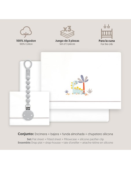 Triptico Cuna Estampado Dinosaurio Palmera + Broche Bco/Gris