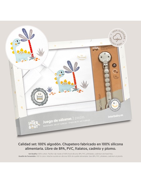 Triptico Cuna Estampado Dinosaurio Palmera + Broche Bco/Gris
