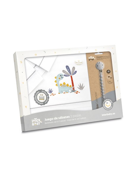 Triptico Cuna Estampado Dinosaurio Palmera + Broche Bco/Gris
