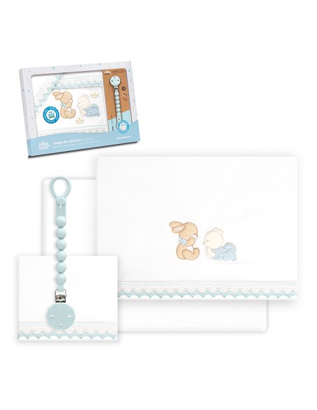 Triptico Cuna Guipur Oso Tumbado Conejito + Broche Bco/Azul