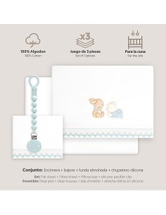 Triptico Cuna Guipur Oso Tumbado Conejito + Broche Bco/Azul 2