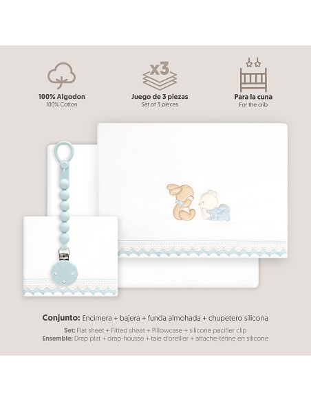 Triptico Cuna Guipur Oso Tumbado Conejito + Broche Bco/Azul