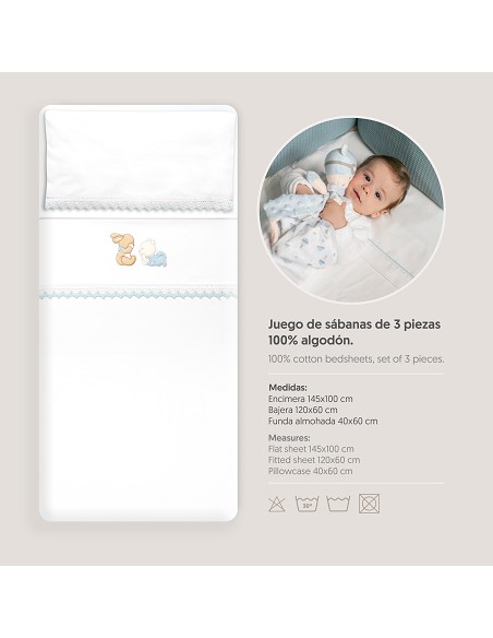 Triptico Cuna Guipur Oso Tumbado Conejito + Broche Bco/Azul