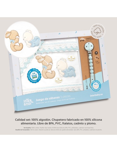 Triptico Cuna Guipur Oso Tumbado Conejito + Broche Bco/Azul