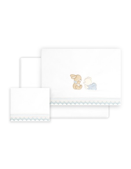 Triptico Cuna Guipur Oso Tumbado Conejito + Broche Bco/Azul