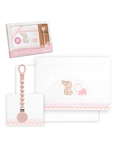 Triptico Cuna Guipur Oso Tumbado Conejito + Broche Bco/Rosa