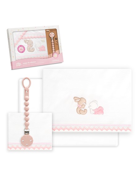 Triptico Cuna Guipur Oso Tumbado Conejito + Broche Bco/Rosa