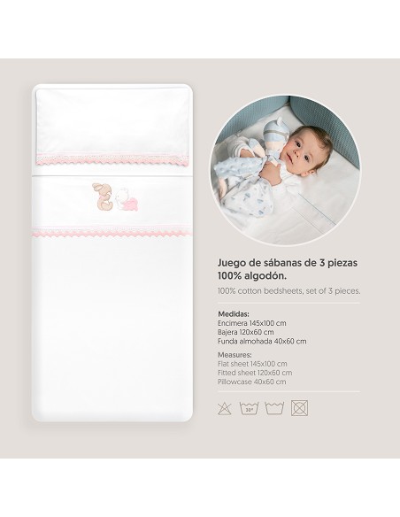 Triptico Cuna Guipur Oso Tumbado Conejito + Broche Bco/Rosa