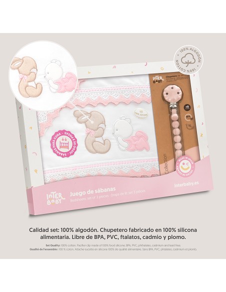 Triptico Cuna Guipur Oso Tumbado Conejito + Broche Bco/Rosa