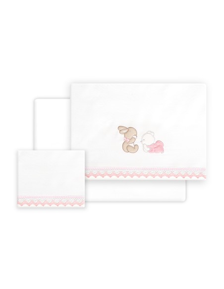 Triptico Cuna Guipur Oso Tumbado Conejito + Broche Bco/Rosa