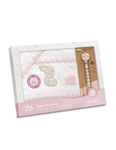 Triptico Cuna Guipur Oso Tumbado Conejito + Broche Bco/Rosa
