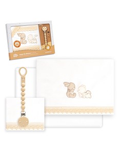 Triptico Cuna Guipur Oso Tumbado Conejito + Broche Bco/Beig