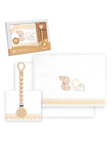 Triptico Cuna Guipur Oso Tumbado Conejito + Broche Bco/Beig