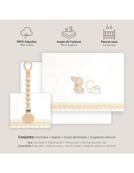Triptico Cuna Guipur Oso Tumbado Conejito + Broche Bco/Beig