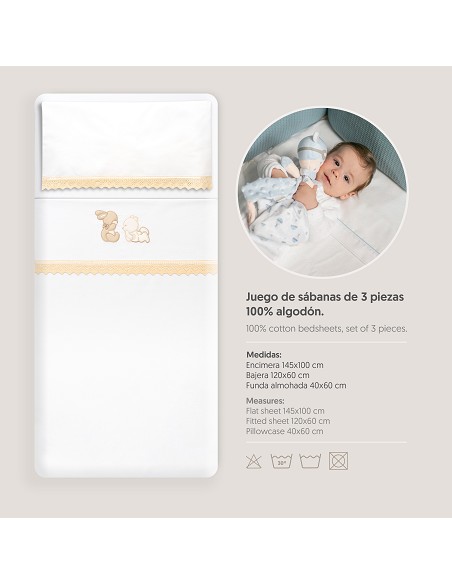 Triptico Cuna Guipur Oso Tumbado Conejito + Broche Bco/Beig