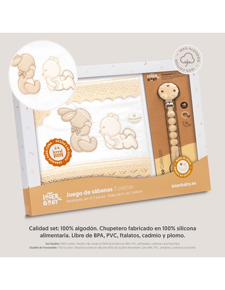 Triptico Cuna Guipur Oso Tumbado Conejito + Broche Bco/Beig