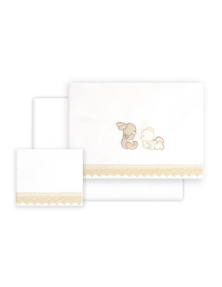 Triptico Cuna Guipur Oso Tumbado Conejito + Broche Bco/Beig