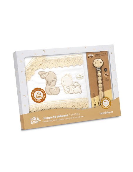 Triptico Cuna Guipur Oso Tumbado Conejito + Broche Bco/Beig