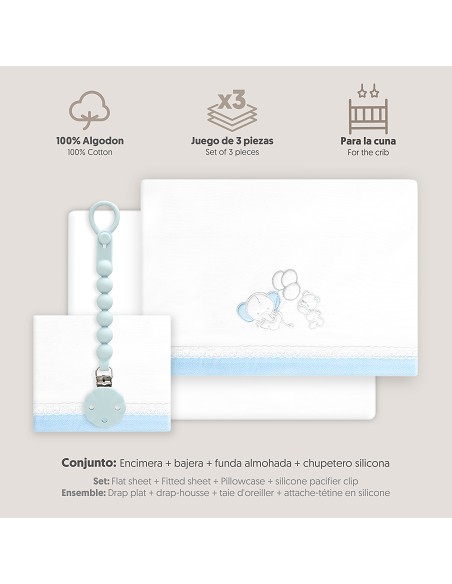 Triptico Cuna Pasacinta Oso Elefante Globos +Broche Bco/Azul