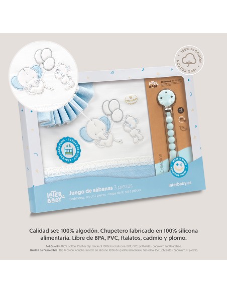 Triptico Cuna Pasacinta Oso Elefante Globos +Broche Bco/Azul