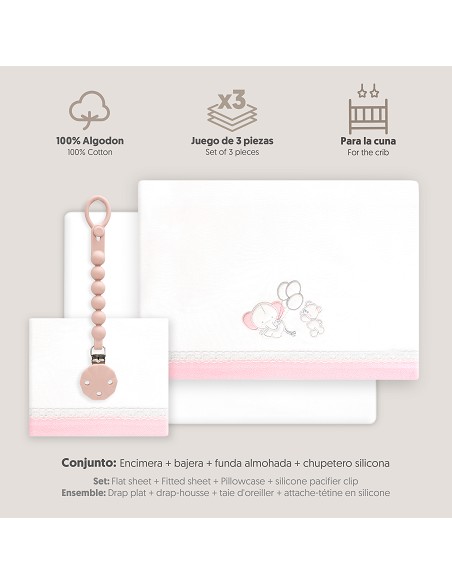 Triptico Cuna Pasacinta Oso Elefante Globos +Broche Bco/Rosa