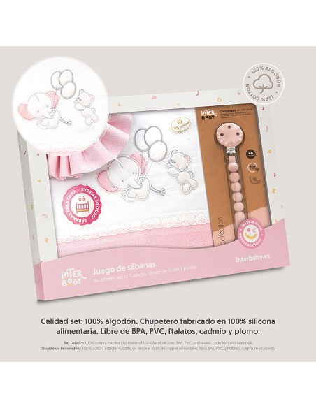 Triptico Cuna Pasacinta Oso Elefante Globos +Broche Bco/Rosa