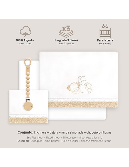 Triptico Cuna Pasacinta Oso Elefante Globos +Broche Bco/Beig