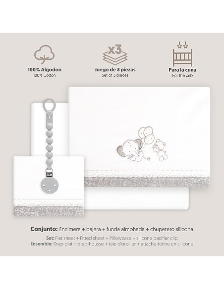 Triptico Cuna Pasacinta Oso Elefante Globos +Broche Bco/Gris