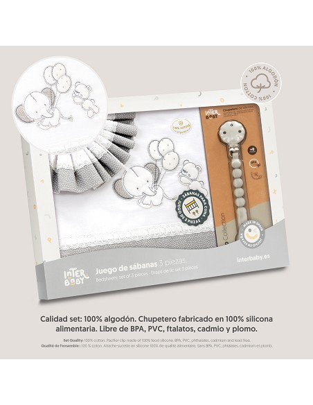 Triptico Cuna Pasacinta Oso Elefante Globos +Broche Bco/Gris